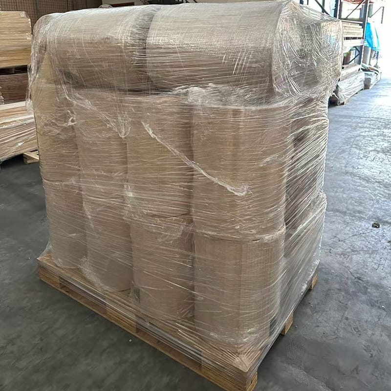 Wood Veneer on Pallet — Export Packing Engineered wood veneer sheets stacked and packed on export pallet